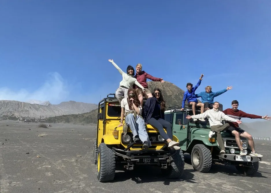 Tourists Posing On A Jeep During Mount Bromo Shore Excursion From Probolinggo Port Tourists Posing On A Jeep During Mount Bromo Shore Excursion From Probolinggo Port